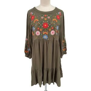 Savanna Jane Dress Floral Embroidered Babydoll Olive Green Size Medium